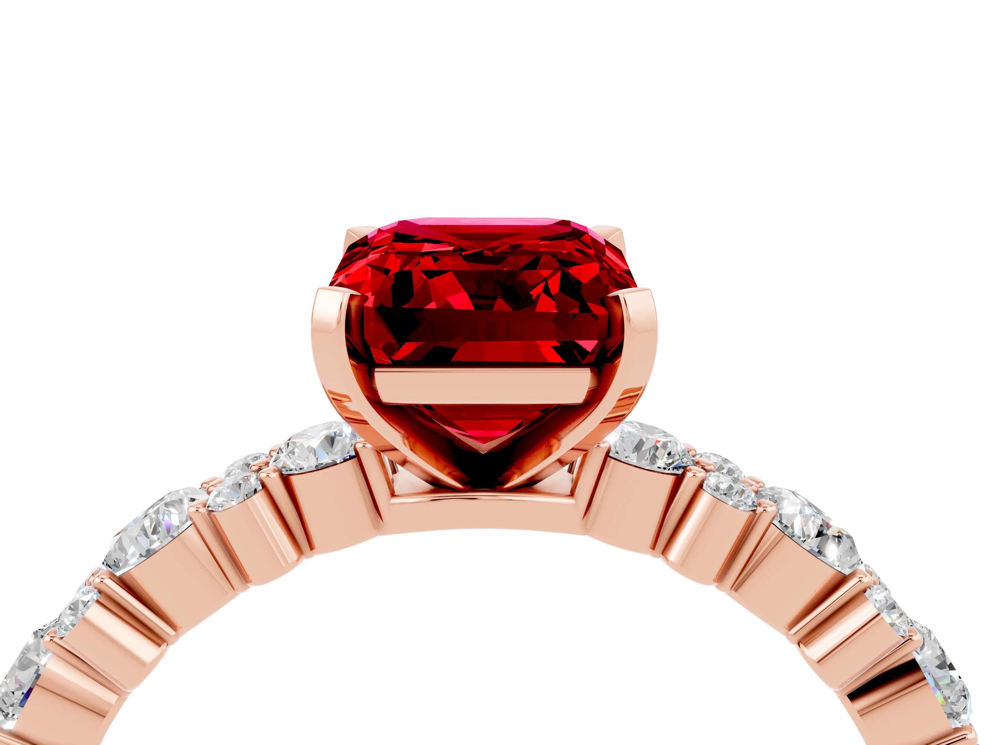 Rose gold Emerald Cut Ruby Solitaire with Side Stones, Pave Band, Four-Prong Setting_40