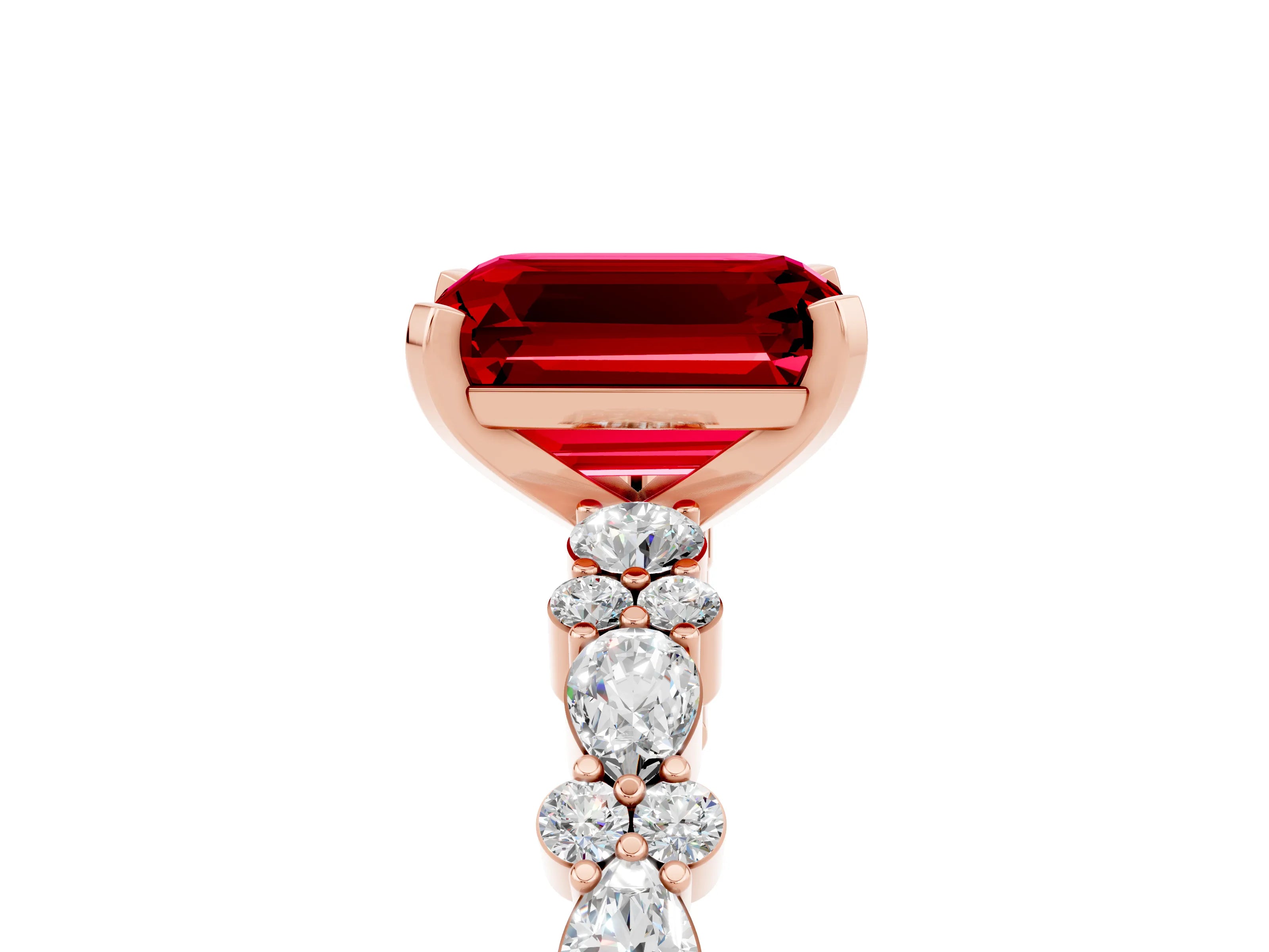 Rose gold Emerald Cut Ruby Solitaire with Side Stones, Pave Band, Four-Prong Setting_41