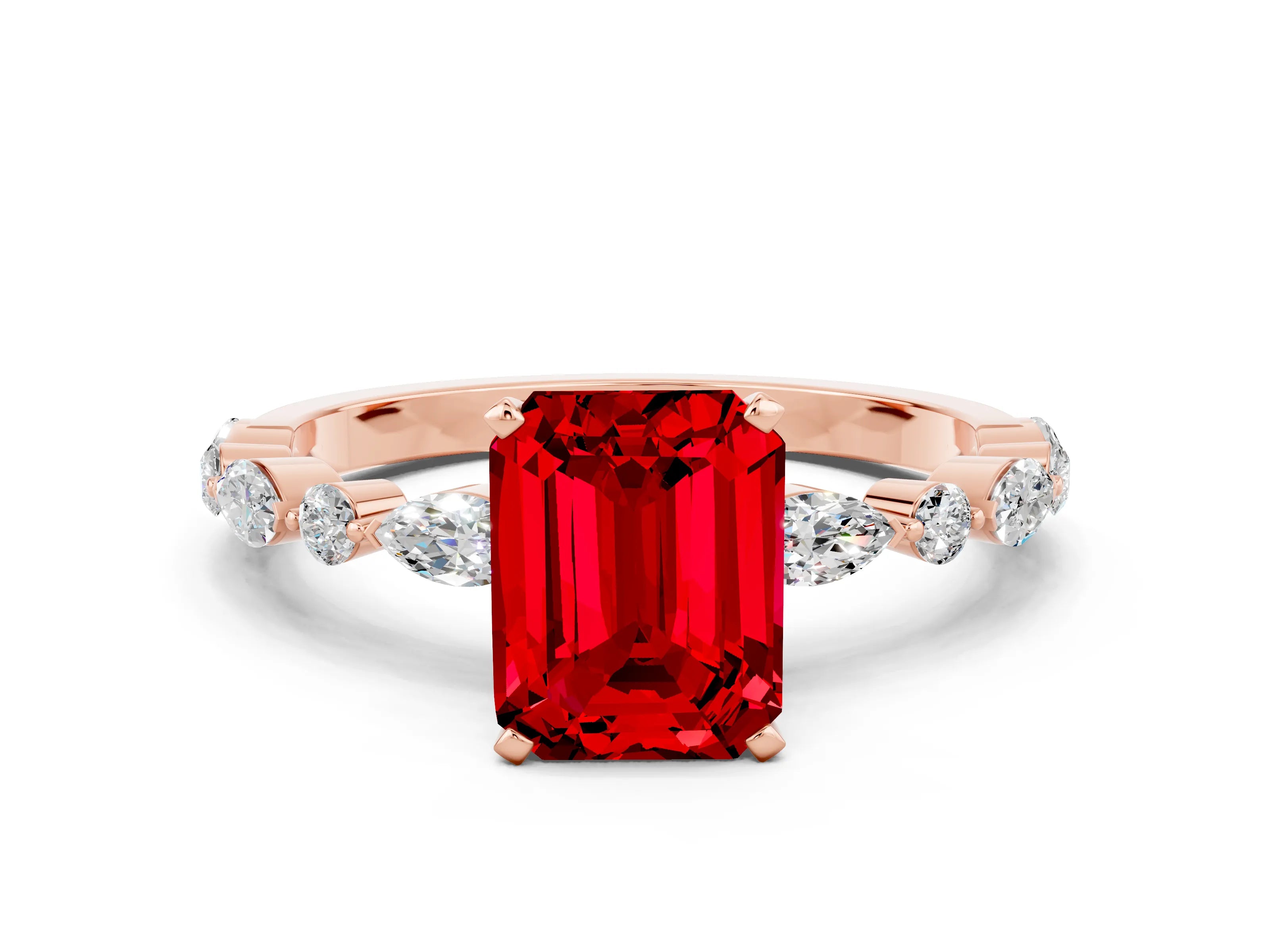 Rose gold Emerald Cut Ruby Solitaire with Side Stones on a Pavé Band and Four-Prong Setting