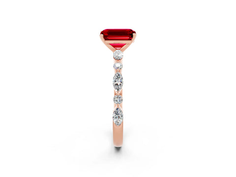 Rose gold Emerald Cut Ruby Solitaire with Side Stones on a Pavé Band and Four-Prong Setting_2