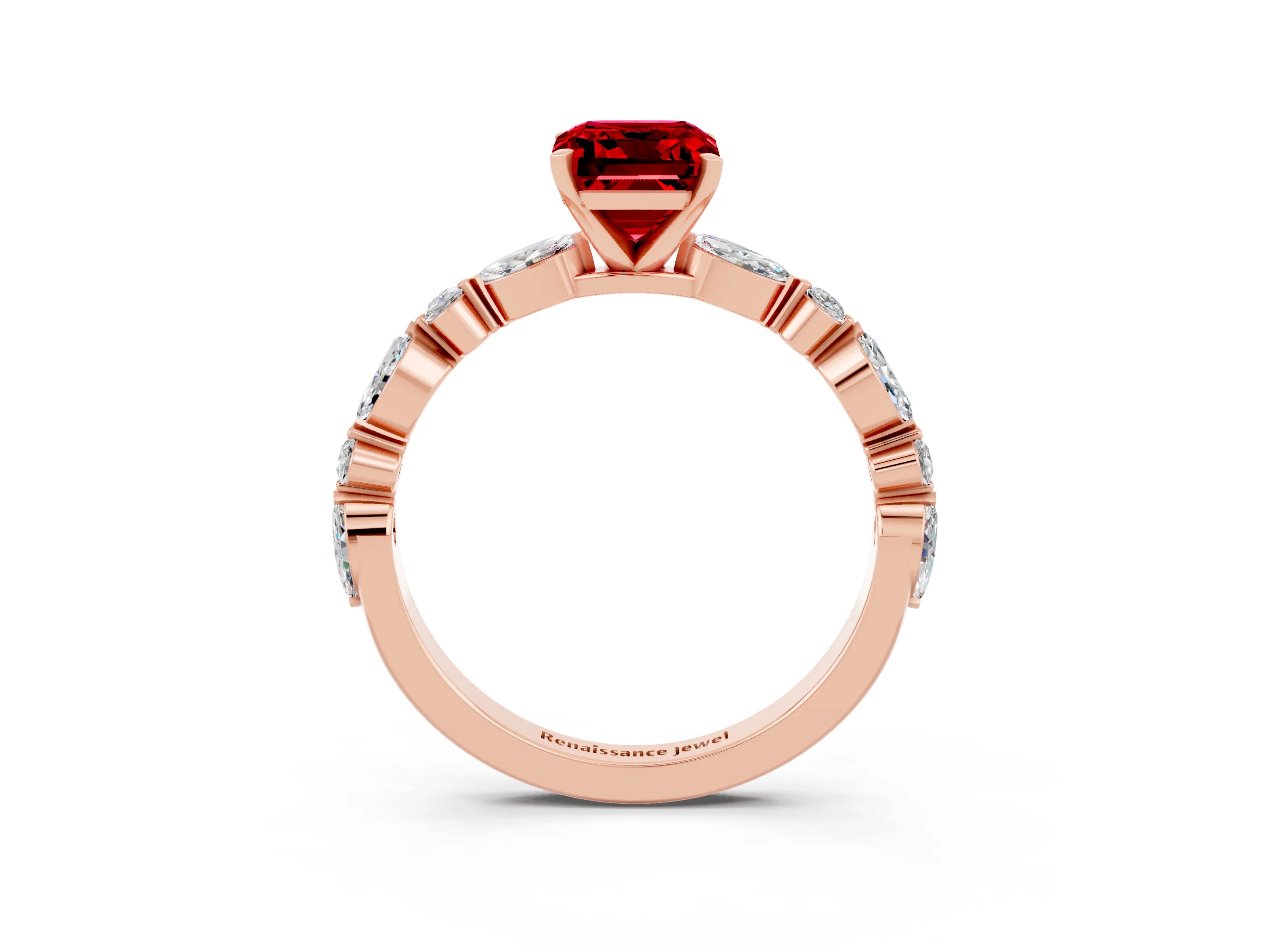 Rose gold Emerald Cut Ruby Solitaire with Side Stones on a Pavé Band and Four-Prong Setting_3