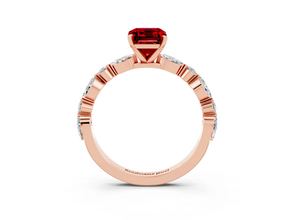 Rose gold Emerald Cut Ruby Ring with Marquise and Round  Side Stones and Four-Prong Setting