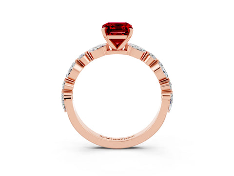Rose gold Emerald Cut Ruby Solitaire with Side Stones on a Pavé Band and Four-Prong Setting_3