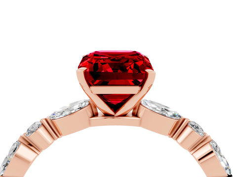 Rose gold Emerald Cut Ruby Solitaire with Side Stones on a Pavé Band and Four-Prong Setting_4