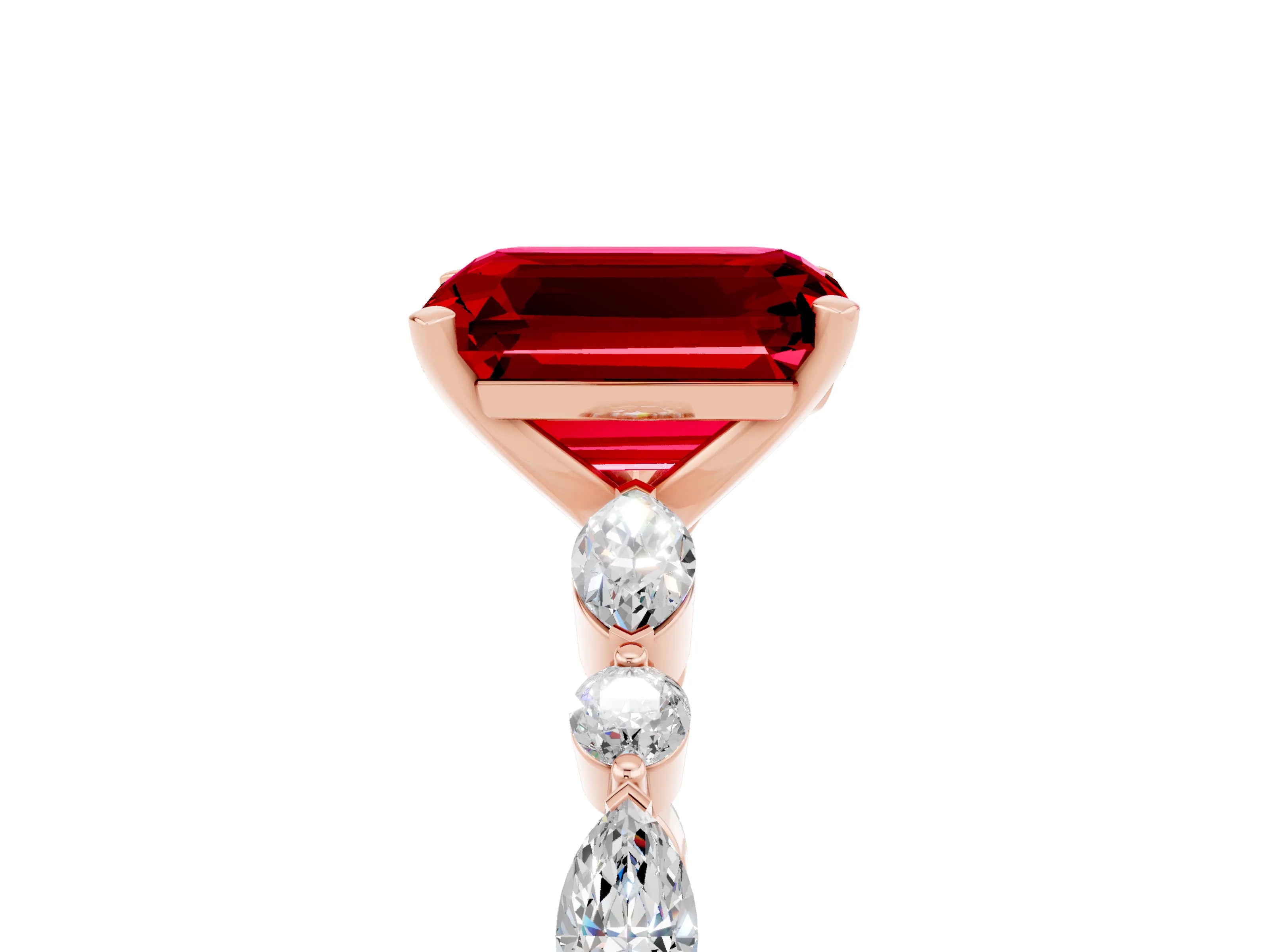 Rose gold Emerald Cut Ruby Solitaire with Side Stones on a Pavé Band and Four-Prong Setting_5