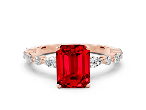Rose gold Emerald Cut Ruby Solitaire with Side Stones on a Pavé Band and Four-Prong Setting