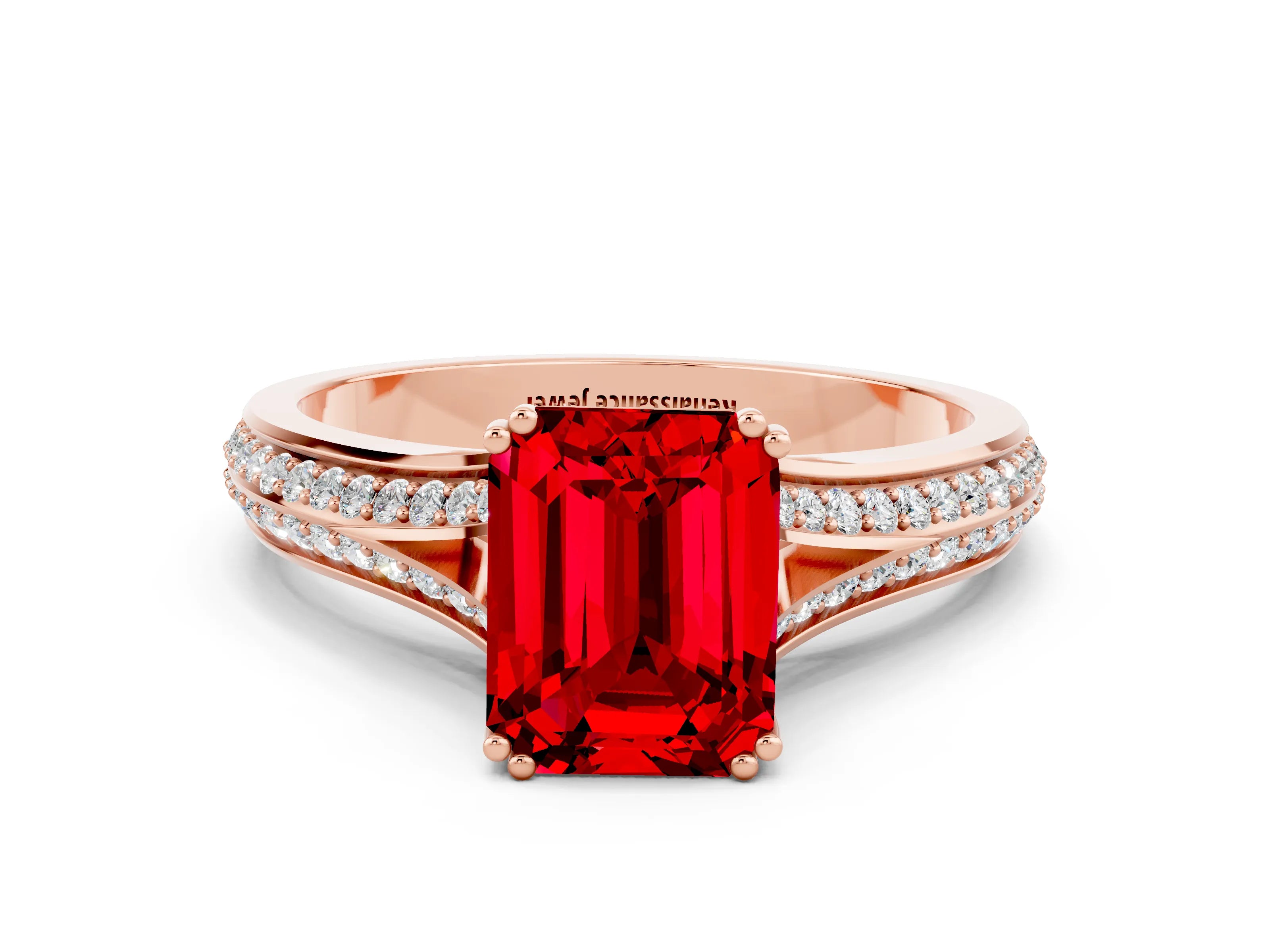 Rose gold Emerald Cut Ruby Split Shank Engagement Ring with Pavé Band
