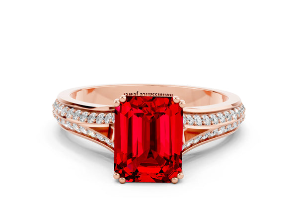 Rose gold Emerald Cut Ruby Split Shank Engagement Ring with Pavé Band