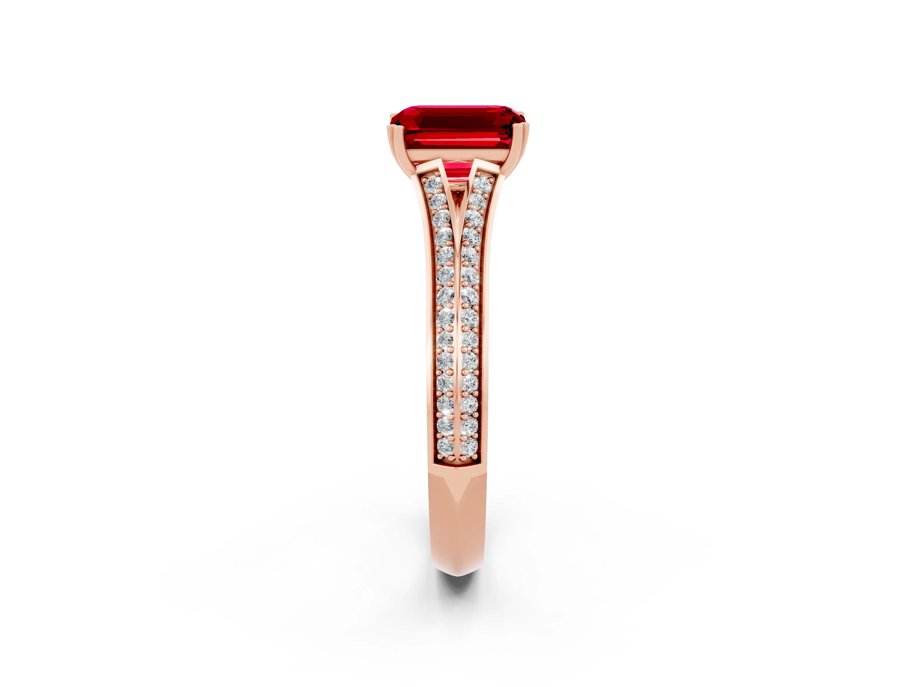 Rose gold Emerald Cut Ruby Split Shank Engagement Ring with Pavé Band_2