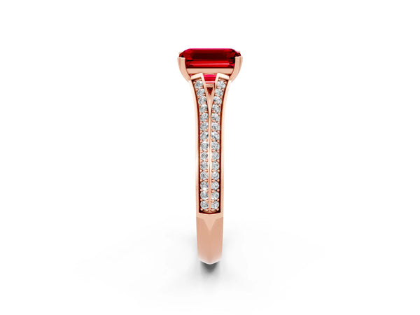 Rose gold Emerald Cut Ruby Split Shank Engagement Ring with Pavé Band