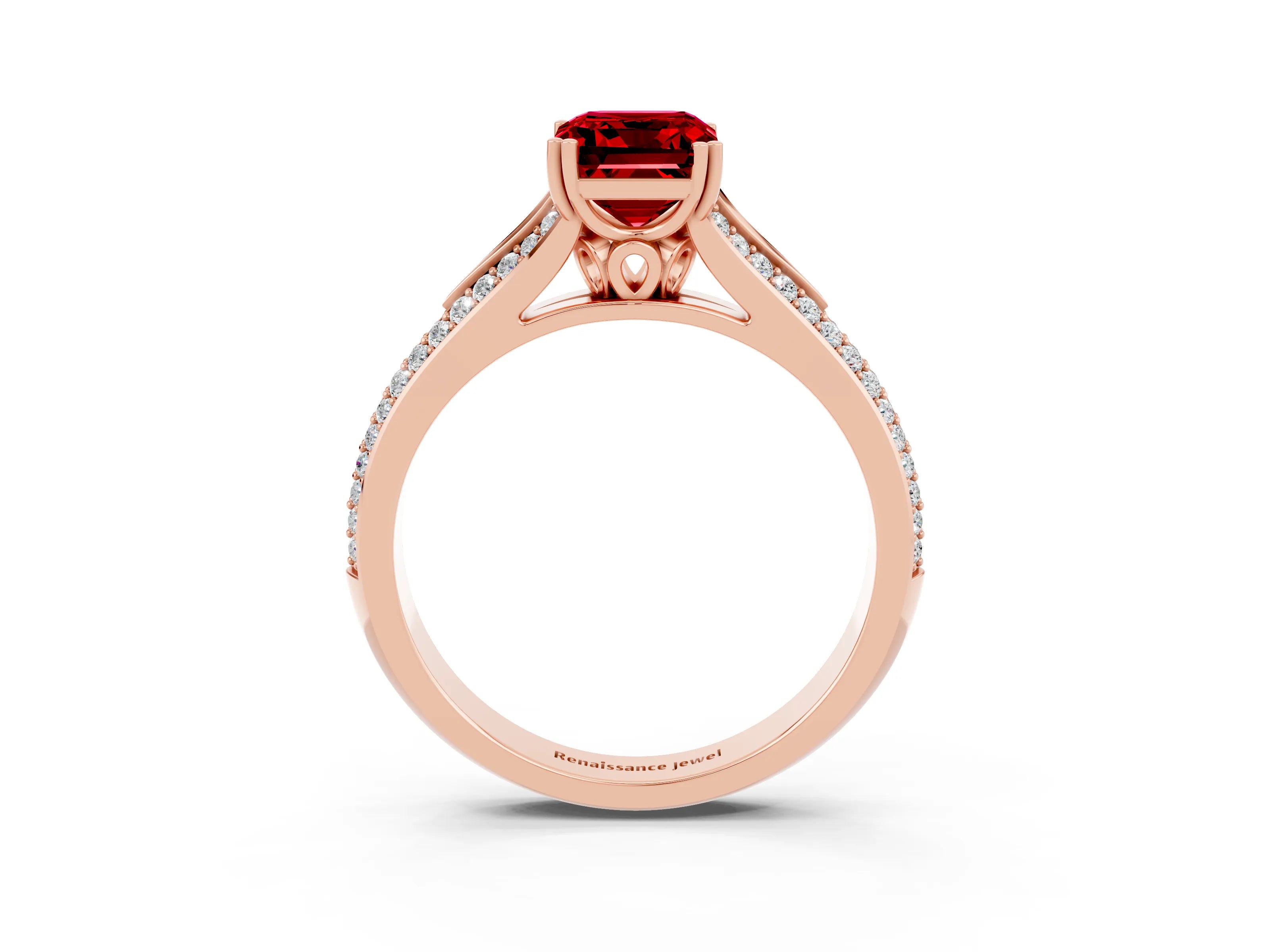 Rose gold Emerald Cut Ruby Split Shank Engagement Ring with Pavé Band_3