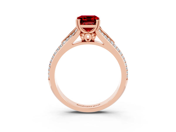Rose gold Emerald Cut Ruby Split Shank Engagement Ring with Pavé Band