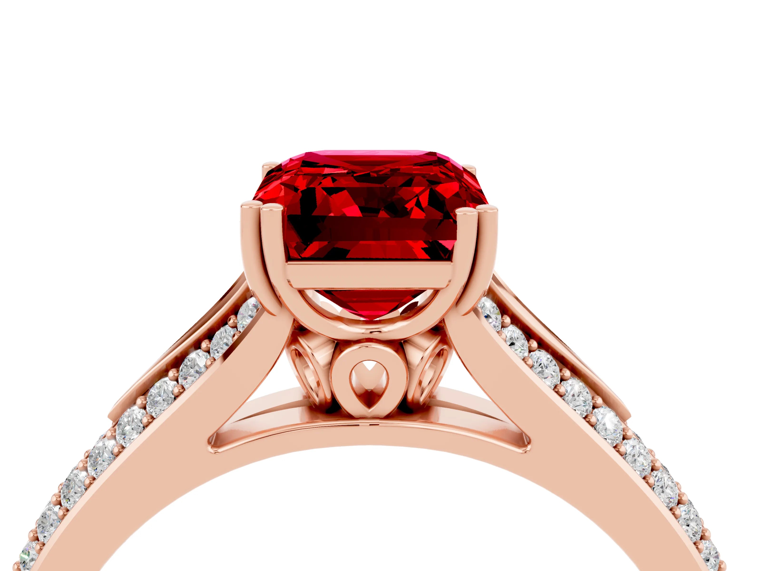 Rose gold Emerald Cut Ruby Split Shank Engagement Ring with Pavé Band_4