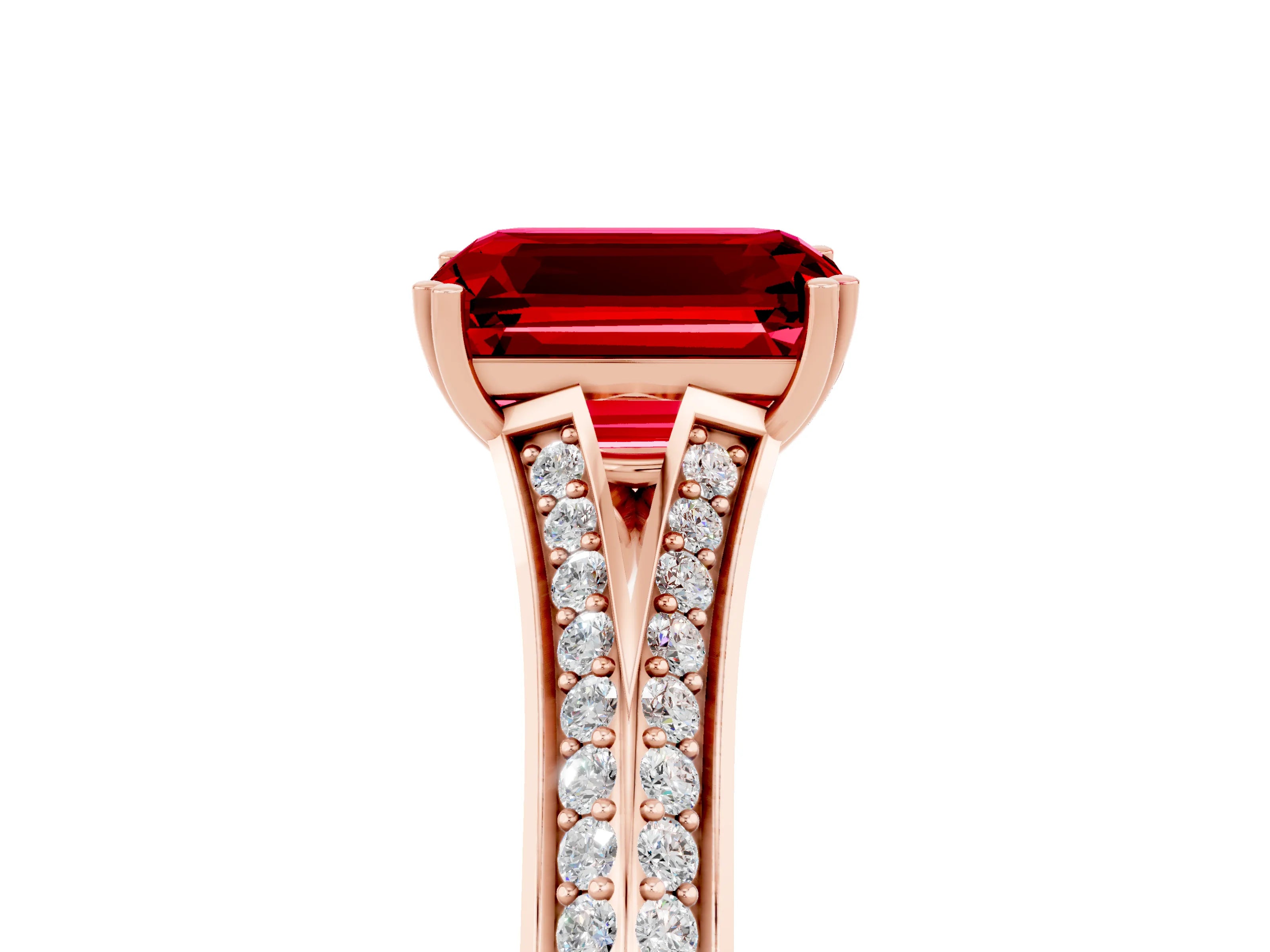 Rose gold Emerald Cut Ruby Split Shank Engagement Ring with Pavé Band_5