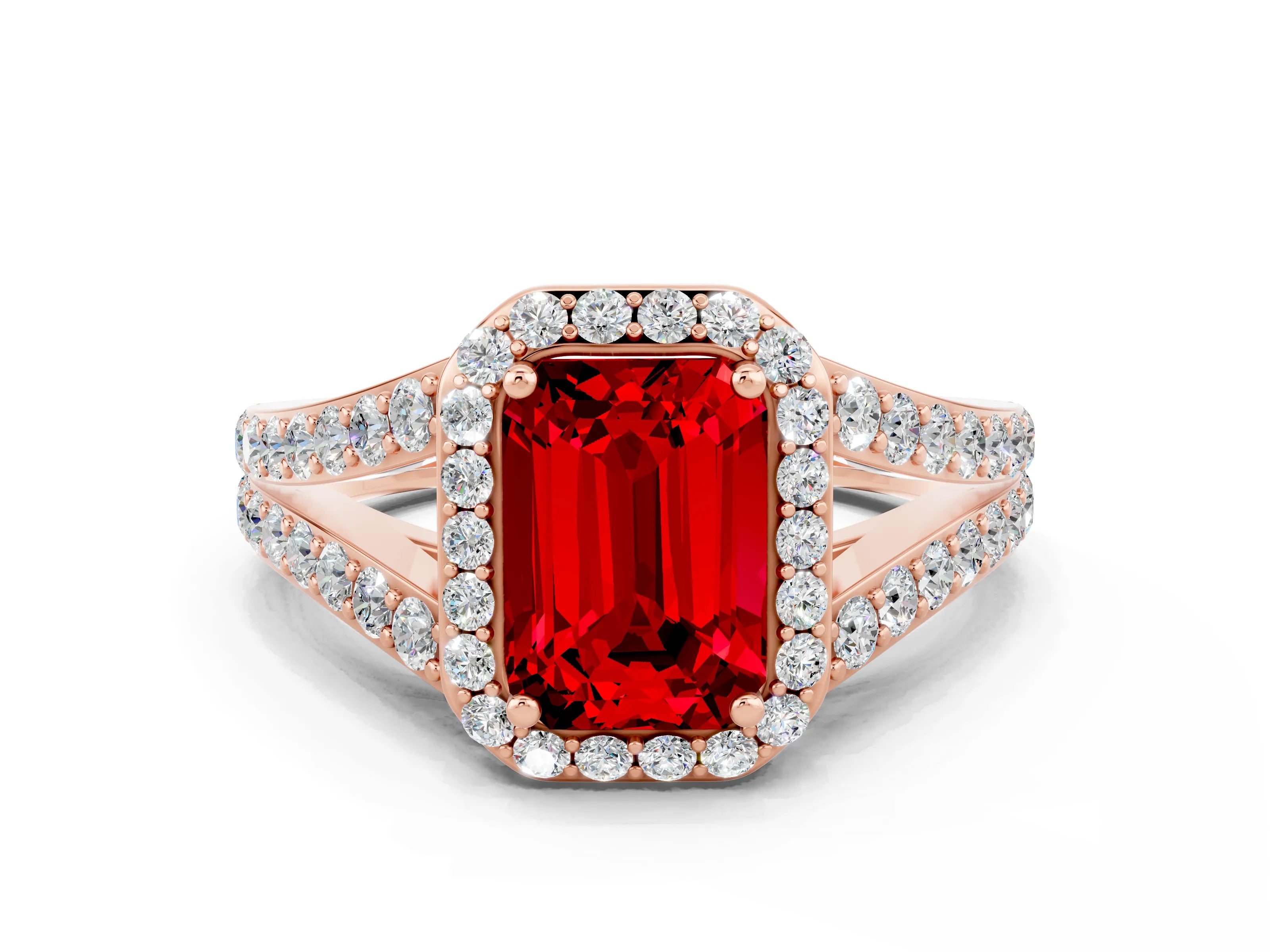 Rose gold Emerald Cut Ruby Split Shank Halo Ring with Four-Prong Setting_12