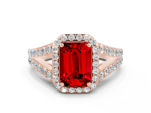 Rose gold Emerald Cut Ruby Split Shank Halo Ring with Four-Prong Setting
