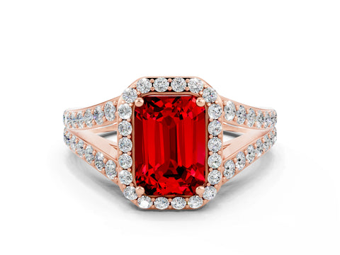 Rose gold Emerald Cut Ruby Split Shank Halo Ring with Four-Prong Setting_12
