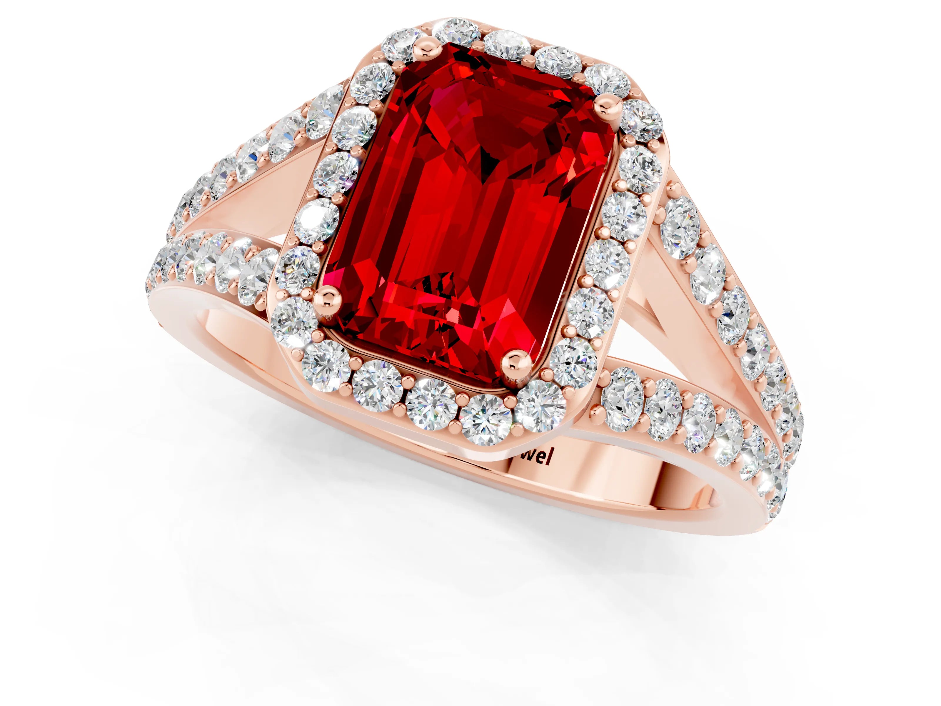 Rose gold Emerald Cut Ruby Split Shank Halo Ring with Four-Prong Setting_13