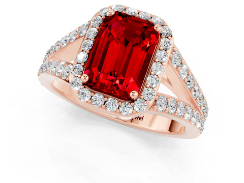 Rose gold Emerald Cut Ruby Split Shank Halo Ring with Four-Prong Setting_13
