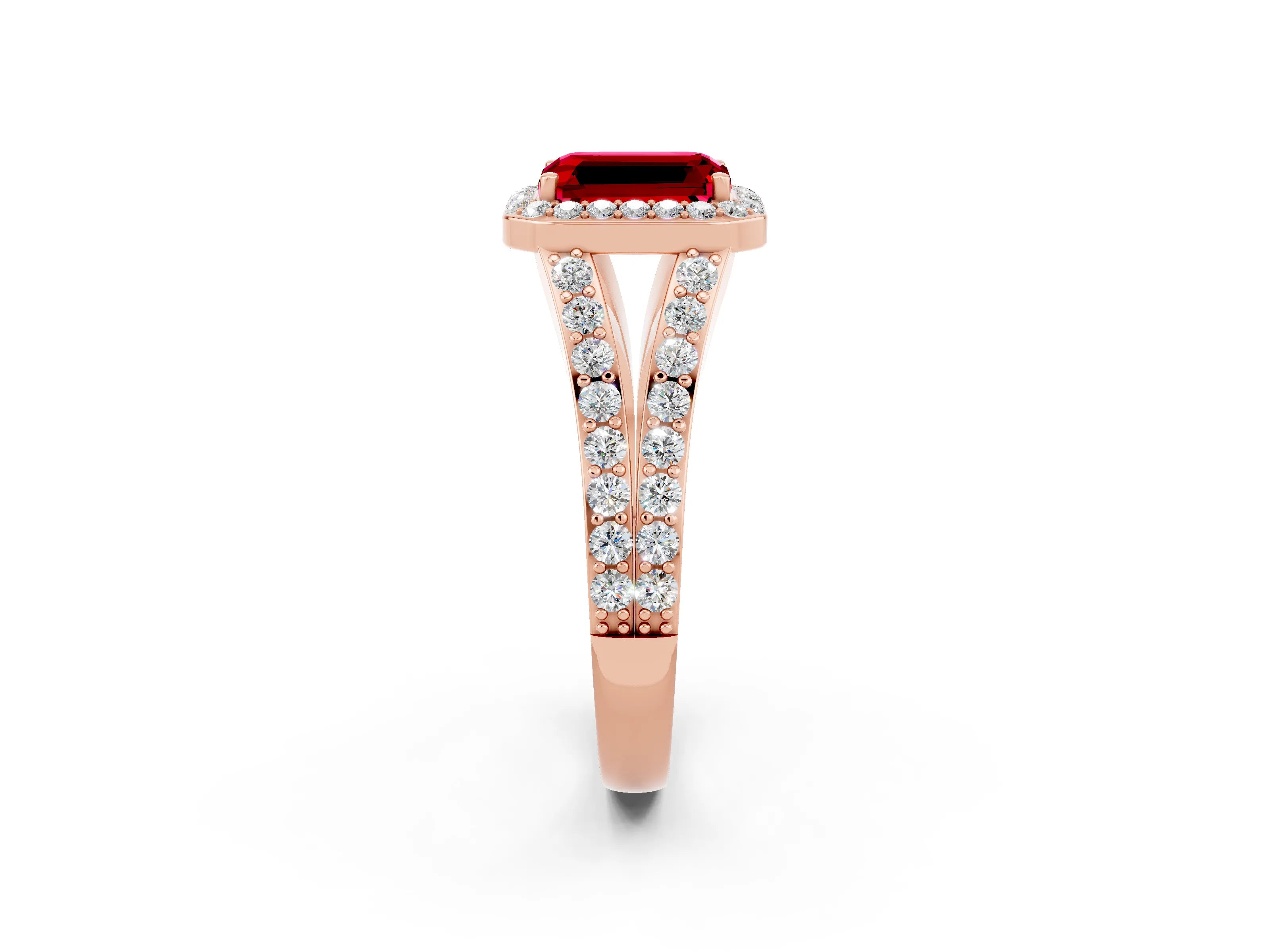 Rose gold Emerald Cut Ruby Split Shank Halo Ring with Four-Prong Setting_14