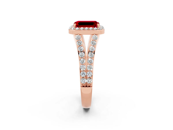 Rose gold Emerald Cut Ruby Split Shank Halo Ring with Four-Prong Setting