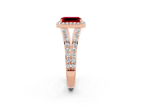 Rose gold Emerald Cut Ruby Split Shank Halo Ring with Four-Prong Setting_14