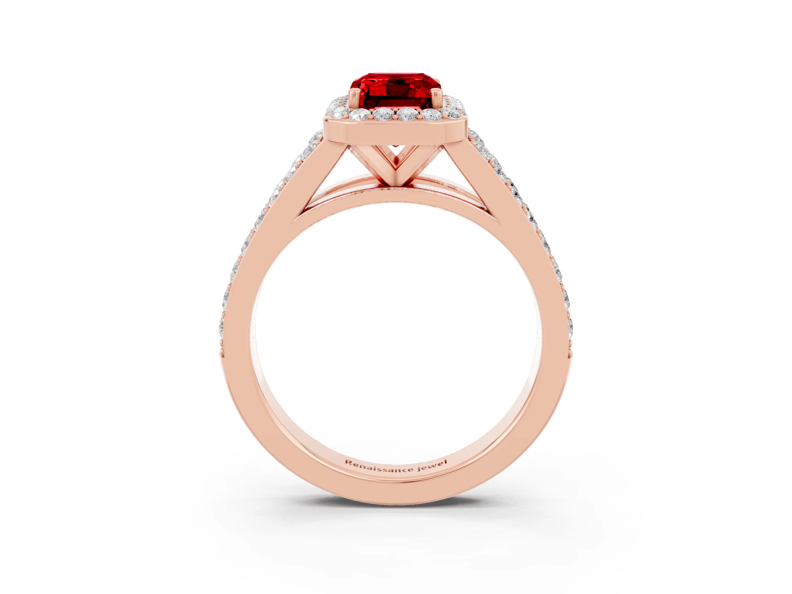 Rose gold Emerald Cut Ruby Split Shank Halo Ring with Four-Prong Setting_15