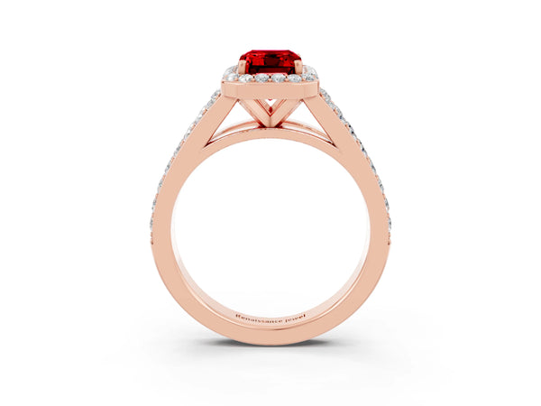 Rose gold Emerald Cut Ruby Split Shank Halo Ring with Four-Prong Setting