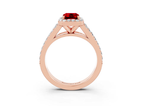 Rose gold Emerald Cut Ruby Split Shank Halo Ring with Four-Prong Setting_15