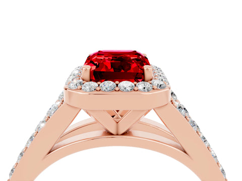 Rose gold Emerald Cut Ruby Split Shank Halo Ring with Four-Prong Setting_16