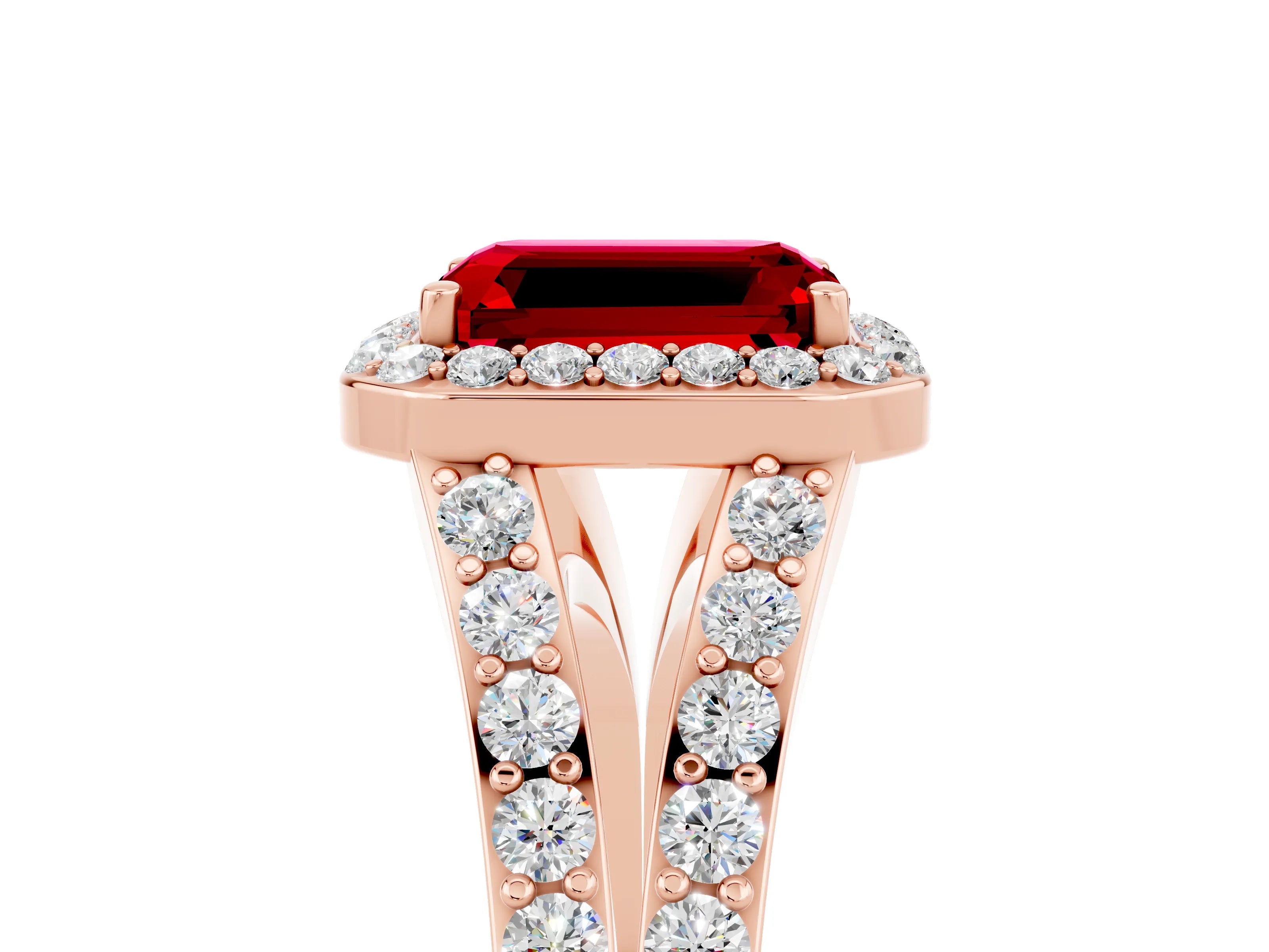 Rose gold Emerald Cut Ruby Split Shank Halo Ring with Four-Prong Setting_17