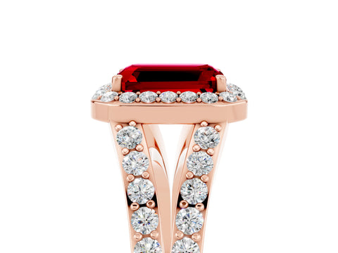 Rose gold Emerald Cut Ruby Split Shank Halo Ring with Four-Prong Setting_17