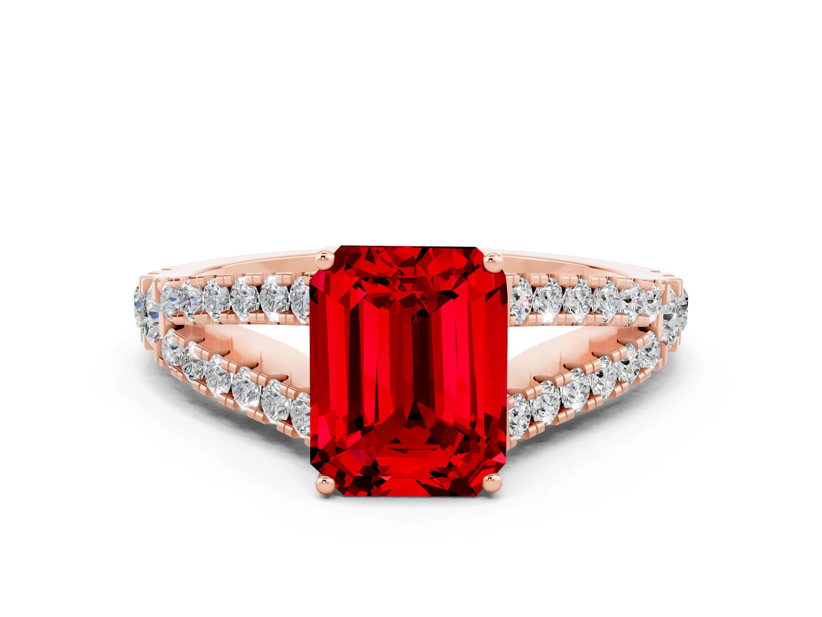 Rose gold Emerald Cut Ruby Split Shank Pavé Engagement Ring with Four-Prong Setting_12