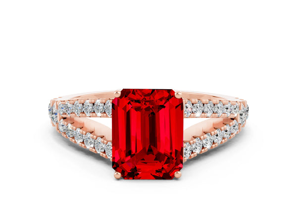 Rose gold Emerald Cut Ruby Split Shank Pavé Engagement Ring with Four-Prong Setting