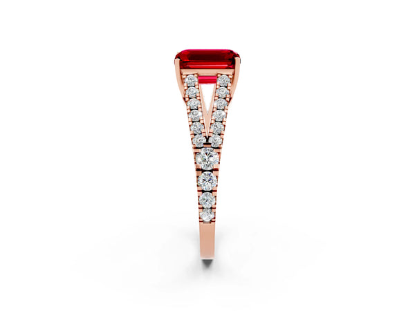 Rose gold Emerald Cut Ruby Split Shank Pavé Engagement Ring with Four-Prong Setting