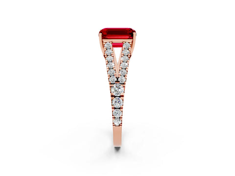 Rose gold Emerald Cut Ruby Split Shank Pavé Engagement Ring with Four-Prong Setting_14
