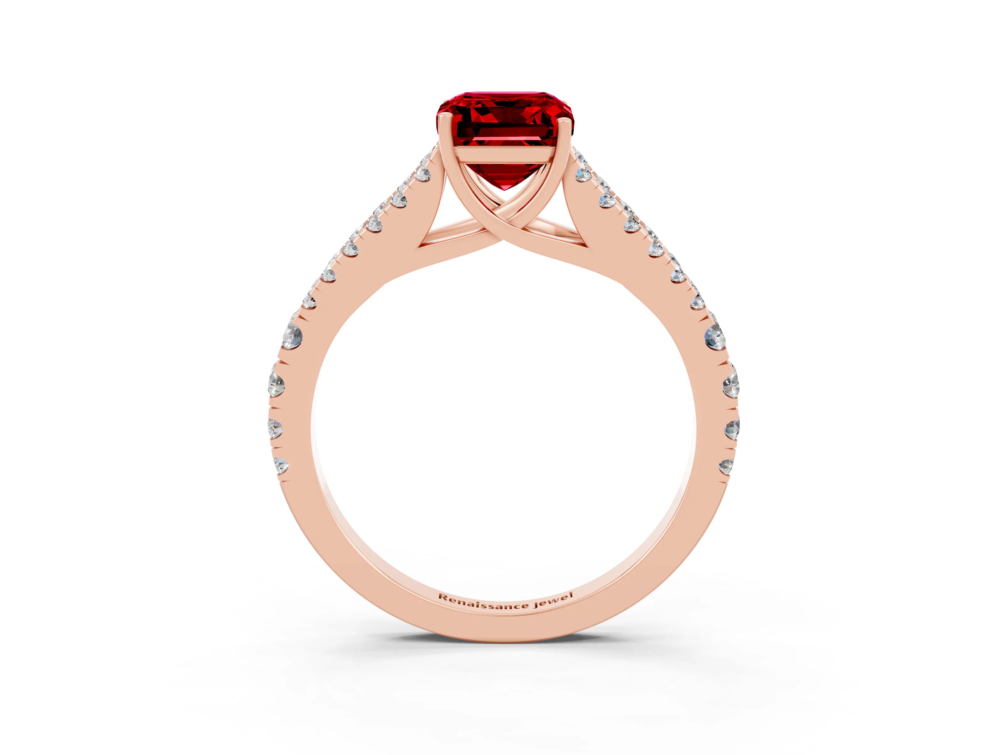 Rose gold Emerald Cut Ruby Split Shank Pavé Engagement Ring with Four-Prong Setting_15