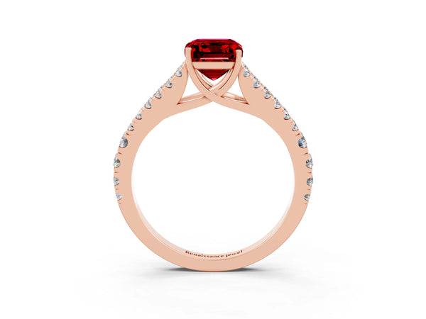 Rose gold Emerald Cut Ruby Split Shank Pavé Engagement Ring with Four-Prong Setting