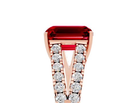 Rose gold Emerald Cut Ruby Split Shank Pavé Engagement Ring with Four-Prong Setting_17