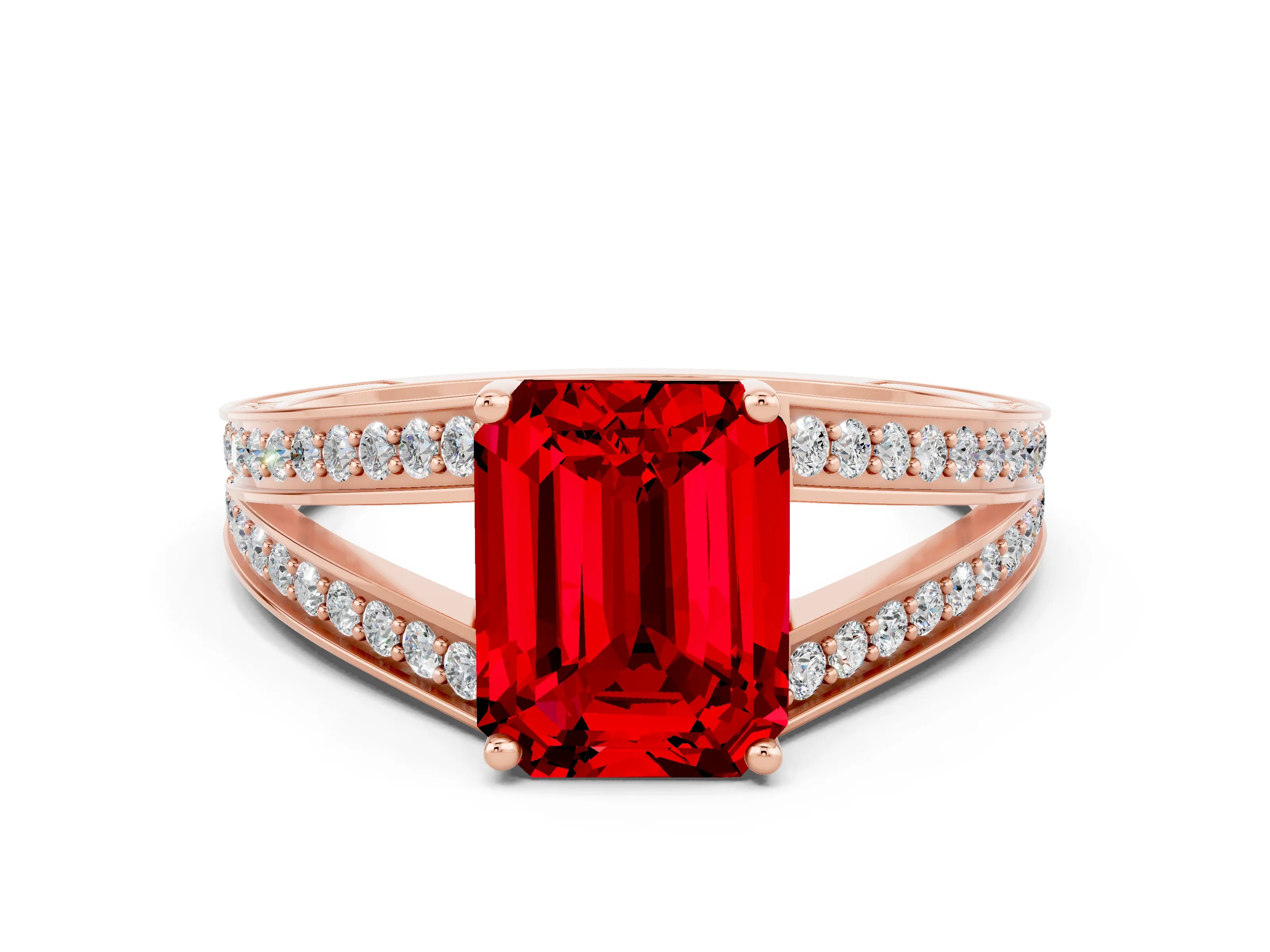 Rose gold Emerald Cut Ruby Split Shank Ring with Pavé Band and Four-Prong Setting