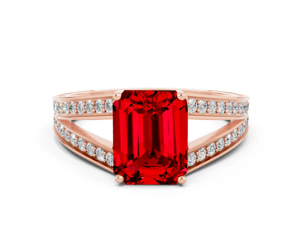 Rose gold Emerald Cut Ruby Split Shank Ring with Pavé Band and Four-Prong Setting