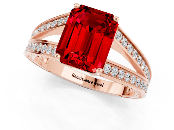 Rose gold Emerald Cut Ruby Split Shank Ring with Pavé Band and Four-Prong Setting
