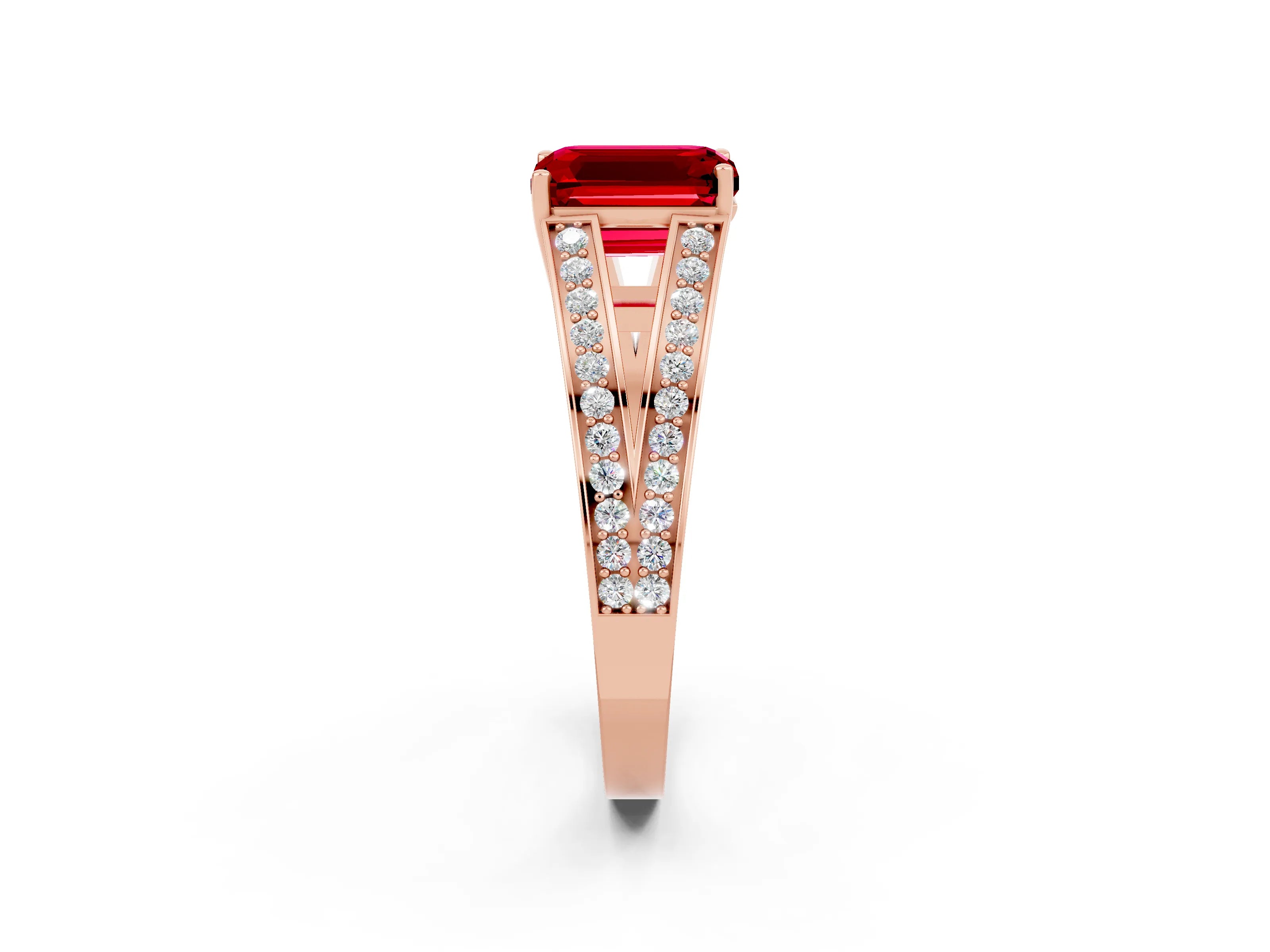 Rose gold Emerald Cut Ruby Split Shank Ring with Pavé Band and Four-Prong Setting_2