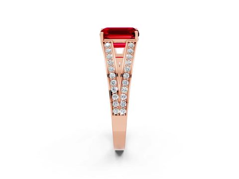 Rose gold Emerald Cut Ruby Split Shank Ring with Pavé Band and Four-Prong Setting_2