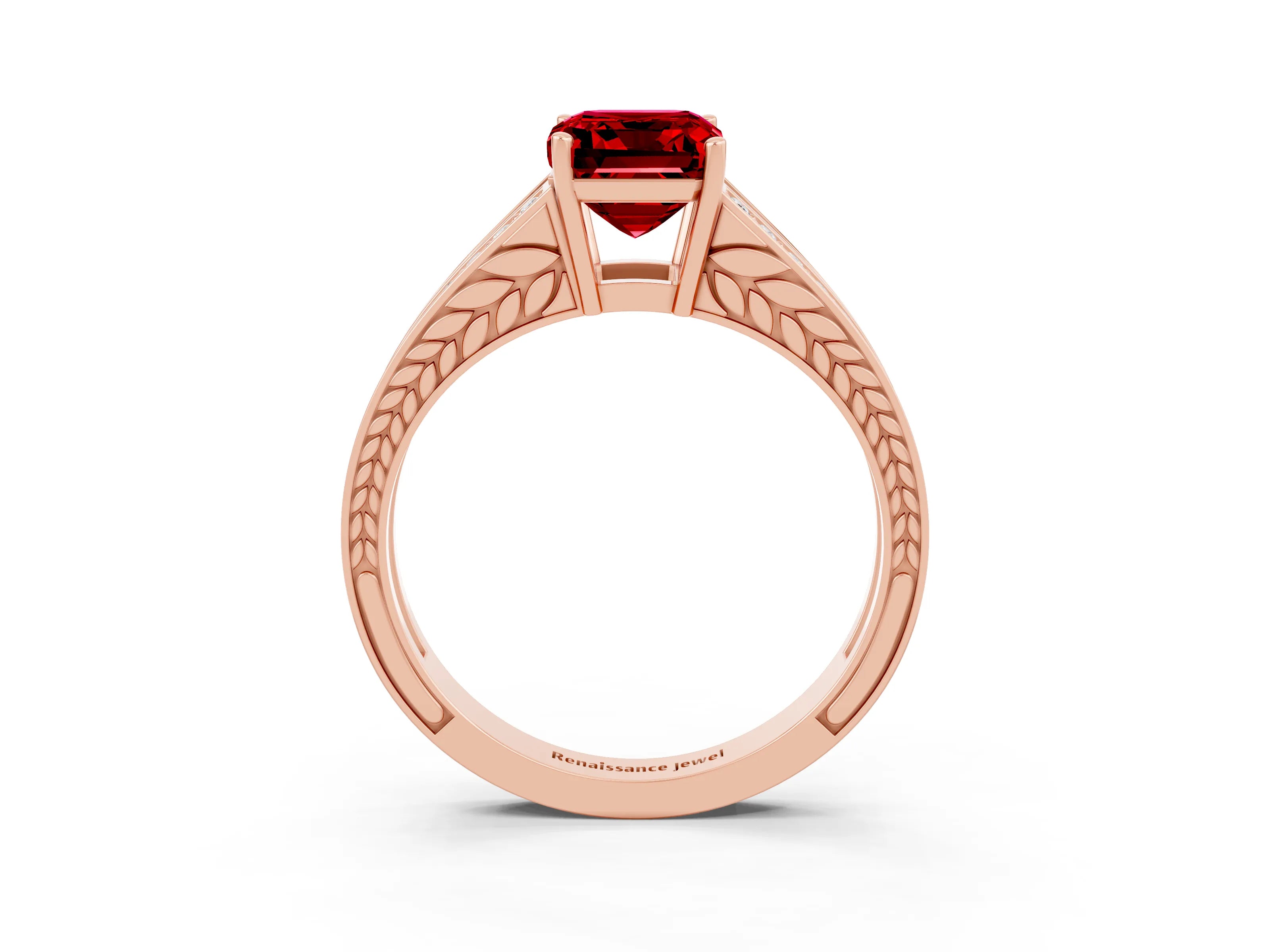 Rose gold Emerald Cut Ruby Split Shank Ring with Pavé Band and Four-Prong Setting_3