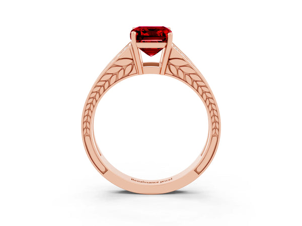 Rose gold Emerald Cut Ruby Split Shank Ring with Pavé Band and Four-Prong Setting