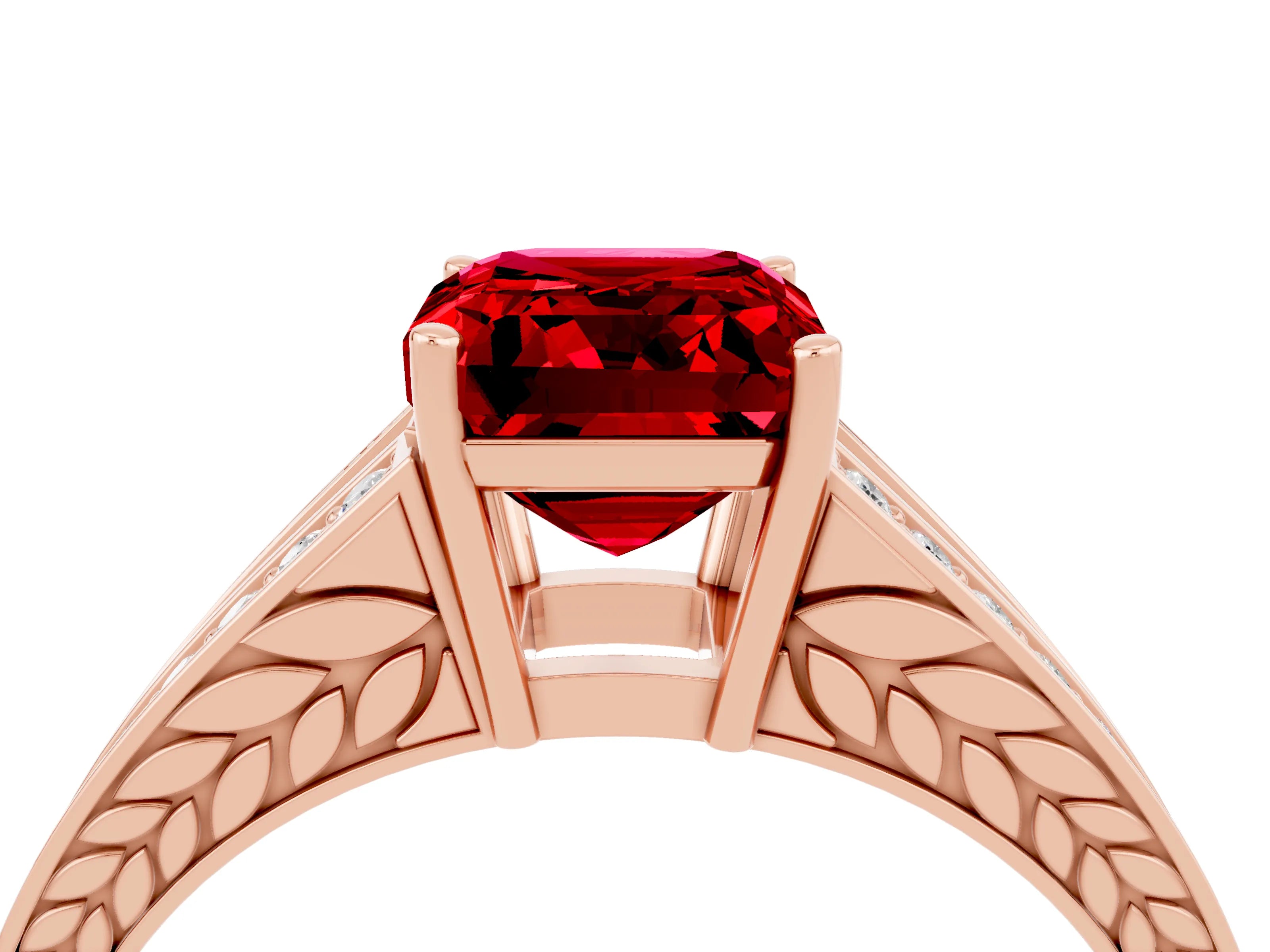 Rose gold Emerald Cut Ruby Split Shank Ring with Pavé Band and Four-Prong Setting_4