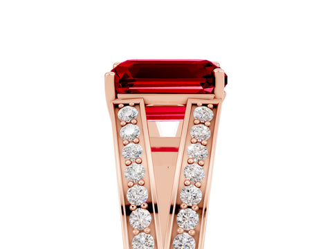 Rose gold Emerald Cut Ruby Split Shank Ring with Pavé Band and Four-Prong Setting_5