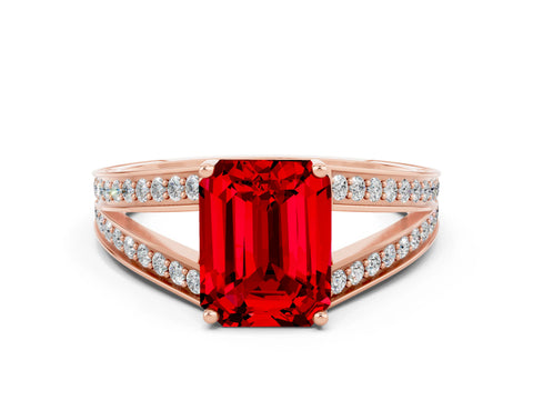 Rose gold Emerald Cut Ruby Split Shank Ring with Pavé Band and Four-Prong Setting