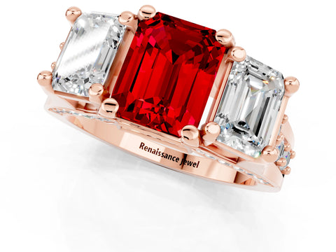 Rose gold Emerald Cut Ruby Three-Stone Ring with Channel Set Band and Four-Prong Setting_1